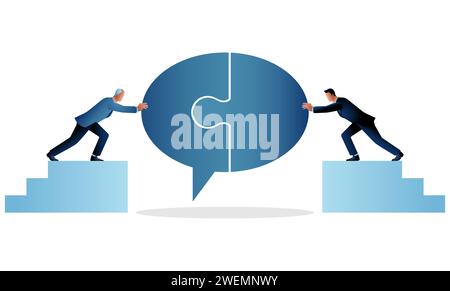 Business concept vector illustration of two businessmen matching jigsaw puzzle to form bubble text. Concept for building communication or ideas Stock Vector