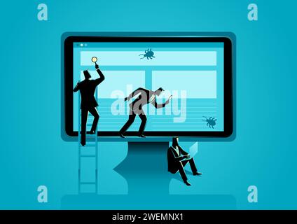 Businessmen working together looking for computer bugs, beta testing, testing software, computer programming concept Stock Vector