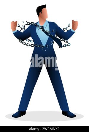 Business concept illustration of a businessman breaking chains, freedom, spirit, struggle, revolution in business concept Stock Vector