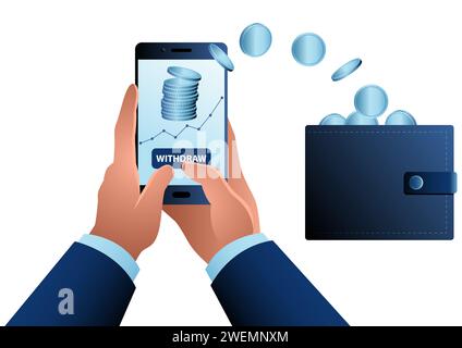 Profit transfer from mobile phone into wallet. Payment gateway, online trading, digital, investment, cryptocurrency concept Stock Vector