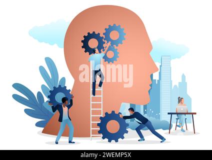 Vector illustration of group of people installing gears in human head, concept for business initiatives, creating ideas, creativity, positive working Stock Vector