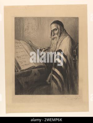 Portrait of a rabbi, unknown, c. 1880 - c. 1930 print Portrait of a rabbi, turned to the left. He sits in front of a table on which the Torah is open to him.  paper etching / drypoint rabbi Stock Photo
