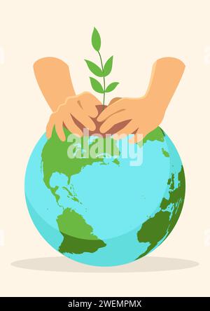 Simple flat vector illustration of hands planting a tree on planet earth, reforestation, save the earth Stock Vector