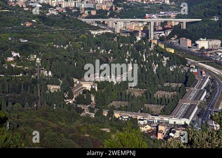 View from Granarolo to the Staglieno Monumental Cemetery, Italian Cimitero monumentale di Staglieno, behind the New Morandi Bridge, Genoa, Italy Stock Photo