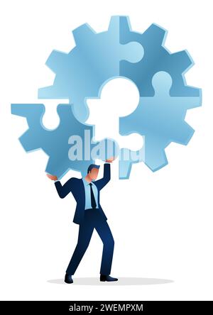 Business concept illustration of a businessman holding on his shoulder the final peace of puzzle which forming a gear, business, complete, completion, Stock Vector
