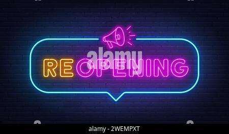 Reopening neon sign in the speech bubble on brick wall background. Stock Vector