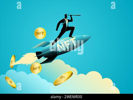 Vector illustration of a businessman on a NFT rocket using a telescope, startup and forecast concept Stock Vector