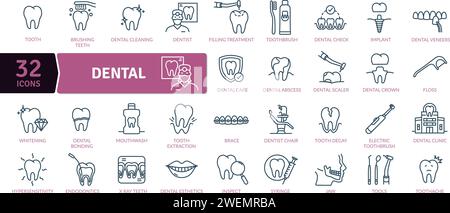 Dental Icons Pack. Treatment carried out by a dental practitioner including examinations, fillings, crowns, extractions Stock Vector