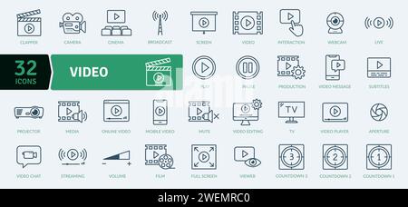 Video Icons Pack. A program, movie, and other visual media product featuring moving images Stock Vector