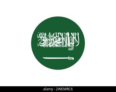 Circular design inspired by the flag of Saudi Arabia with green color, white Arabic inscription, and a sword Stock Photo