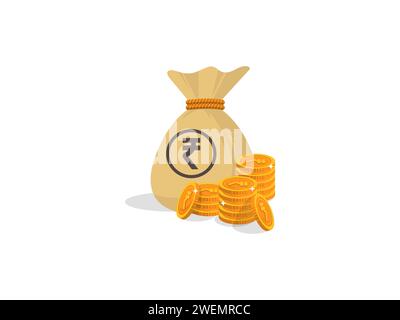 Money bag with the Indian Rupee symbol alongside gold coins, representing wealth and finance Stock Photo