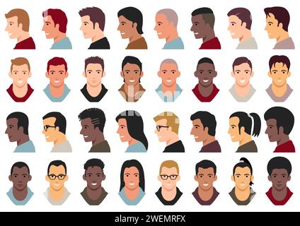 Simple flat vector illustration of men faces, men head avatar set Stock Vector