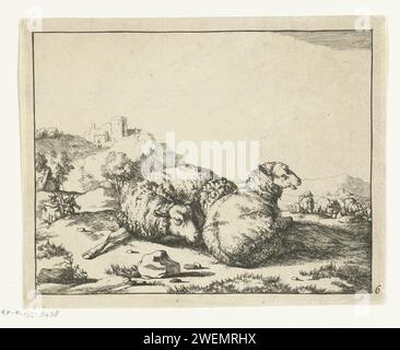 Two lying sheep, mountain village in background, Marcus de Bye, 1664 print   paper etching sheep Stock Photo