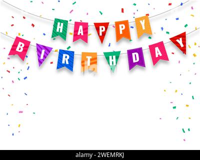 A festive birthday banner with colorful lettered flags and scattered confetti Stock Photo