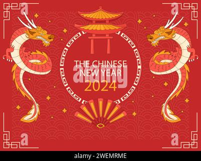 A festive Chinese New Year 2024 design with dragons and traditional red and gold decorations Stock Photo
