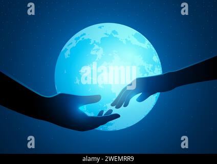 Couple hands reaching to one another on a full moon background, romantic night Stock Vector