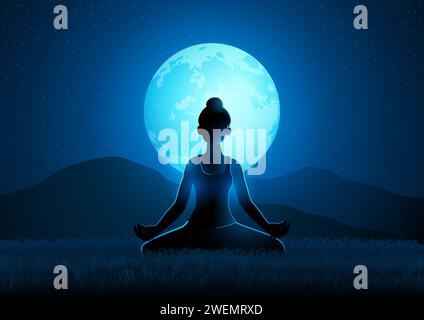 Serenity in nature, beautiful woman doing yoga on a full moon background, vector illustration in EPS 10 format Stock Vector