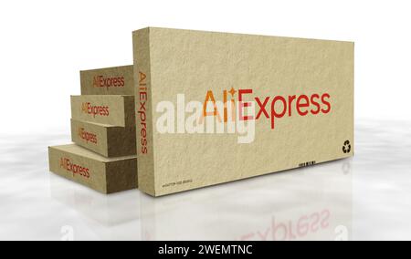 Poznan, Poland, January 25, 2024: AliExpress Alibaba group online retail box production line. E-business chinese company. Cardboard pack factory. Abst Stock Photo