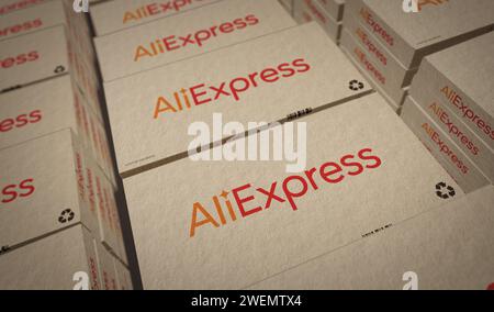 Poznan, Poland, January 25, 2024: AliExpress Alibaba group online retail box production line. E-business chinese company. Cardboard pack factory. Abst Stock Photo