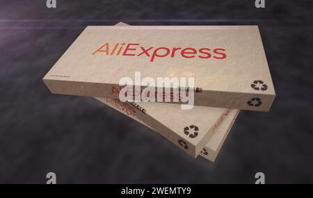 Poznan, Poland, January 25, 2024: AliExpress Alibaba group online retail box production line. E-business chinese company. Cardboard pack factory. Abst Stock Photo