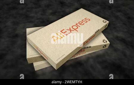 Poznan, Poland, January 25, 2024: AliExpress Alibaba group online retail box production line. E-business chinese company. Cardboard pack factory. Abst Stock Photo