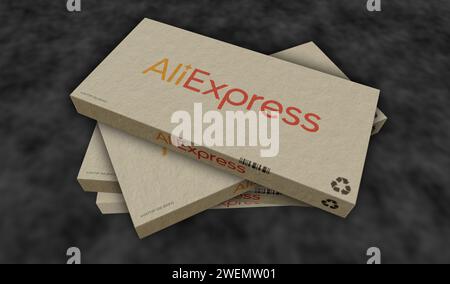 Poznan, Poland, January 25, 2024: AliExpress Alibaba group online retail box production line. E-business chinese company. Cardboard pack factory. Abst Stock Photo