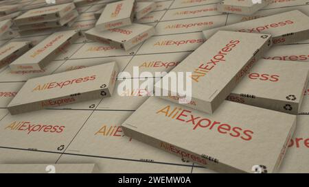 Poznan, Poland, January 25, 2024: AliExpress Alibaba group online retail box production line. E-business chinese company. Cardboard pack factory. Abst Stock Photo