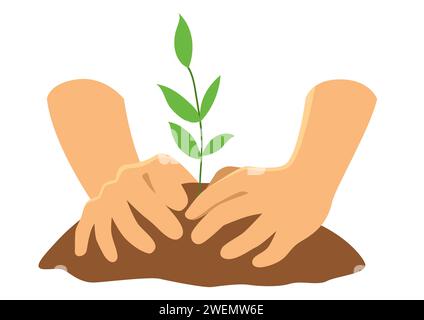Simple flat vector illustration of hands planting a tree, reforestation, save the earth Stock Vector