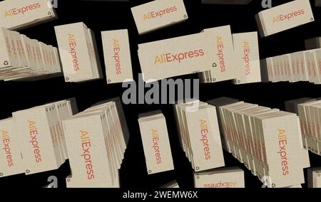 Poznan, Poland, January 25, 2024: AliExpress Alibaba group online retail box production line. E-business chinese company. Cardboard pack factory. Abst Stock Photo