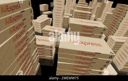 Poznan, Poland, January 25, 2024: AliExpress Alibaba group online retail box production line. E-business chinese company. Cardboard pack factory. Abst Stock Photo