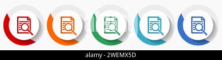 Search document vector icon set, flat icons for logo design, webdesign and mobile applications, colorful round buttons Stock Vector