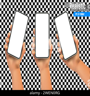 Realistic vector smartphone mockups in a woman's hand. Photorealistic and scalable, perfect for banners or mobile app advertisements. EPS 10 format Stock Vector