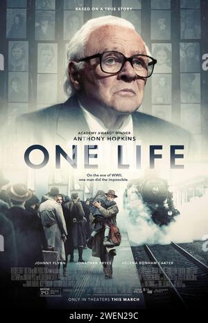 One Life (2023) directed by James Hawes and starring Anthony Hopkins, Helena Bonham Carter and Romola Garai. The story of Sir Nicholas 'Nicky' Winton, a young London broker who, in the months leading up to World War II, rescued Jewish children from the Nazis. US one sheet poster ***EDITORIAL USE ONLY***. Credit: BFA / Bleecker Street Media Stock Photo