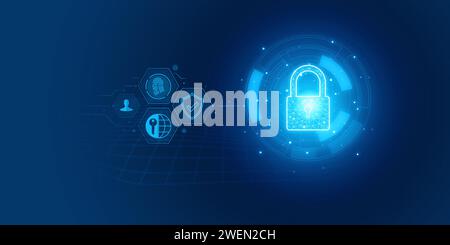 Futuristic blue shield ethics and Security abstract technology background. Artificial intelligence digital transformation and Business quantum interne Stock Photo