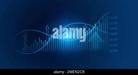 Business growth arrow up digital on blue dark background, investment graph technology circuit to success, financial data technology strategy, market c Stock Photo