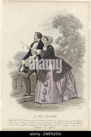 Les Modes Parisiennes, 1851, No. 371: Capote des D. them Romain (...), c. 1851  An armed pair, standing by a balustrade. The woman points with her parasol. She wears a 'pardessus' over the purple dress, a 'capote' on the head. Men's costume from Humann. Print from the fashion magazine Les Modes Parisiennes (1843-1885).  paper engraving fashion plates. skirt (+ women's clothes). head-gear (CAPOTE) (+ women's clothes). dress, gown (PARDESSUS) (+ women's clothes). coat (+ women's clothes). parasol, sunshade (+ women's clothes). gloves, mittens, etc. (+ women's clothes). coat (+ men's clothes). cl Stock Photo