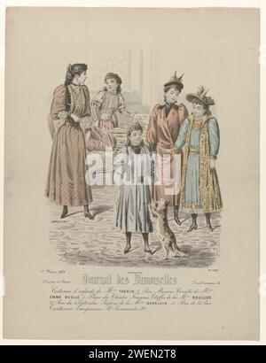 Journal des Demoiselles, March 1, 1893, No. 4927: Costuems of children (...), 1893  Five girls in an interior. According to the caption: children's clothing from Taskin. Below some lines of advertising text for different products. Print from the fashion magazine Journal des Demoiselles (1833 -1922).  paper engraving fashion plates. head-gear (+ girls' clothes). dress, gown (+ girls' clothes). dog. shoes, sandals (+ girls' clothes). boots (+ girls' clothes). ear-rings (+ girls' clothes) Stock Photo