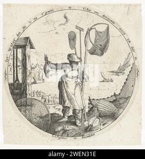 Water, Jacob Savery (I), 1584 - 1603 print Round show of the element of water: a fisherman's wife, nets in one hand, a fish in the other. In the background ships for a coast. Around an edge in Dutch. This print is part of a series of four prints of the elements.  paper etching water (one of the four elements). fisherman showing catch. sports, games  animals (+ fishing equipment) Stock Photo