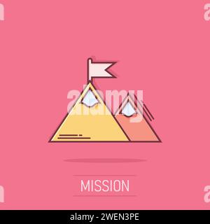 Mission champion icon in comic style. Mountain cartoon vector illustration on isolated background. Leadership splash effect business concept. Stock Vector