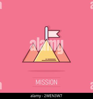 Mission champion icon in comic style. Mountain cartoon vector illustration on isolated background. Leadership splash effect business concept. Stock Vector