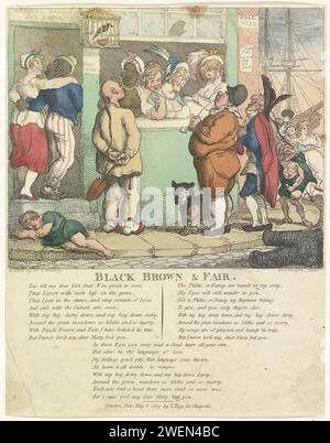 Borderscène, 1807, 1807 print Borders scene in the port of Wapping in London, 1807. Four prostitutes in the shop window go to passers -by. The women are a black woman, a woman with blond hair and a woman with brown hair. A Chinese, a Dutchman and a Frenchman are watching the window. On the left a black man goes in with a woman. In the caption three eight -line verses in English.  paper etching brothel London Stock Photo