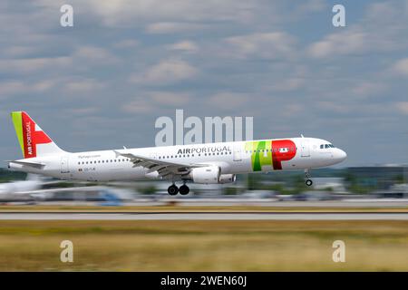 Munich, Germany - July 06. 2023 : TAP - Air Portugal Airbus A321 with the aircraft registration CS-TJE during landing on the southern runway 08R of th Stock Photo