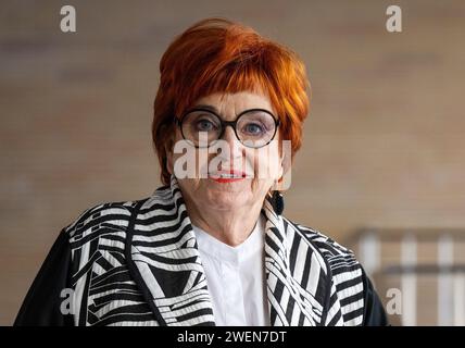 Berlin, Germany. 26th Jan, 2024. The artist VALIE EXPORT (real name Waltraud Stockinger), photographed during the press tour of the exhibition "VALIE EXPORT" at C/O Berlin. The exhibition is open from January 27 to May 22, 2024. Credit: Monika Skolimowska/dpa/Ģ����ý Live News Stock Photo