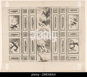Ceiling of the Burgerzaal in the Town Hall on Dam Square, Dancker Danckerts (Possible), After Jacob Vennekool, After Jacob van Campen, 1661 print Design for the ceiling of the Burgerzaal in the town hall on Dam Square in Amsterdam. In the middle - from top to bottom - the fall of Phaëton from the solar wagon of Helios, a map of the southern starry sky with constellations, a creature with wings and snake cakes with a woman in his hands, and a standing and lying figure. Left and right cassets with flowers, garlands and tablets with flying birds. On the right a bowl: 50 feet maet. Marked under th Stock Photo
