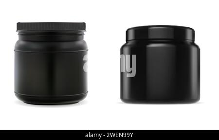 Sport supplement jar. Cylinder creatine tub template. Shiny black plastic protein jar design. Bodybuilding muscle sport vitamin packaging with lid. Is Stock Vector