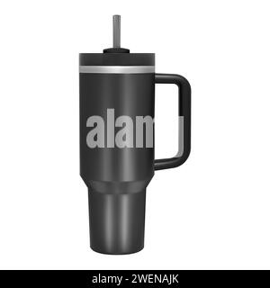 Coffee thermo cup. Thermal tumbler mockup, vector illustration. Stainless handle mug, hot tea vacuum bottle concept for branding identity. Realistic p Stock Vector