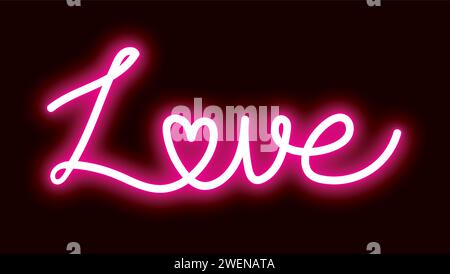 neon love calligraphy sign symbol in pink light on black background for valentines day decoration, greeting cards Stock Vector