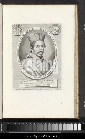 Portret Van Kardinaal Gregorio Barbarigo, 1660 - 1679 print Portrait of Cardinal Gregorio Barbarigo. On the left the coat of arms of Pope Alexander VII and top right the coat of arms of the cardinal. At the bottom of a caption in Latin. The print is part of an album.  paper engraving cardinal Stock Photo