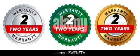 two 2 years warranty badge emblem seal set guarantee collection in silver green and gold premium circle shape Stock Vector