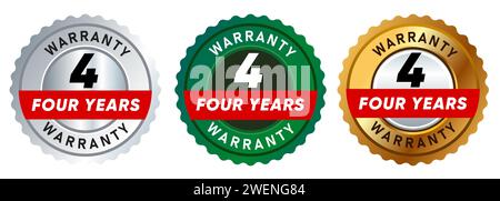 four 4 years warranty badge emblem seal set guarantee collection in silver green and gold premium circle shape Stock Vector